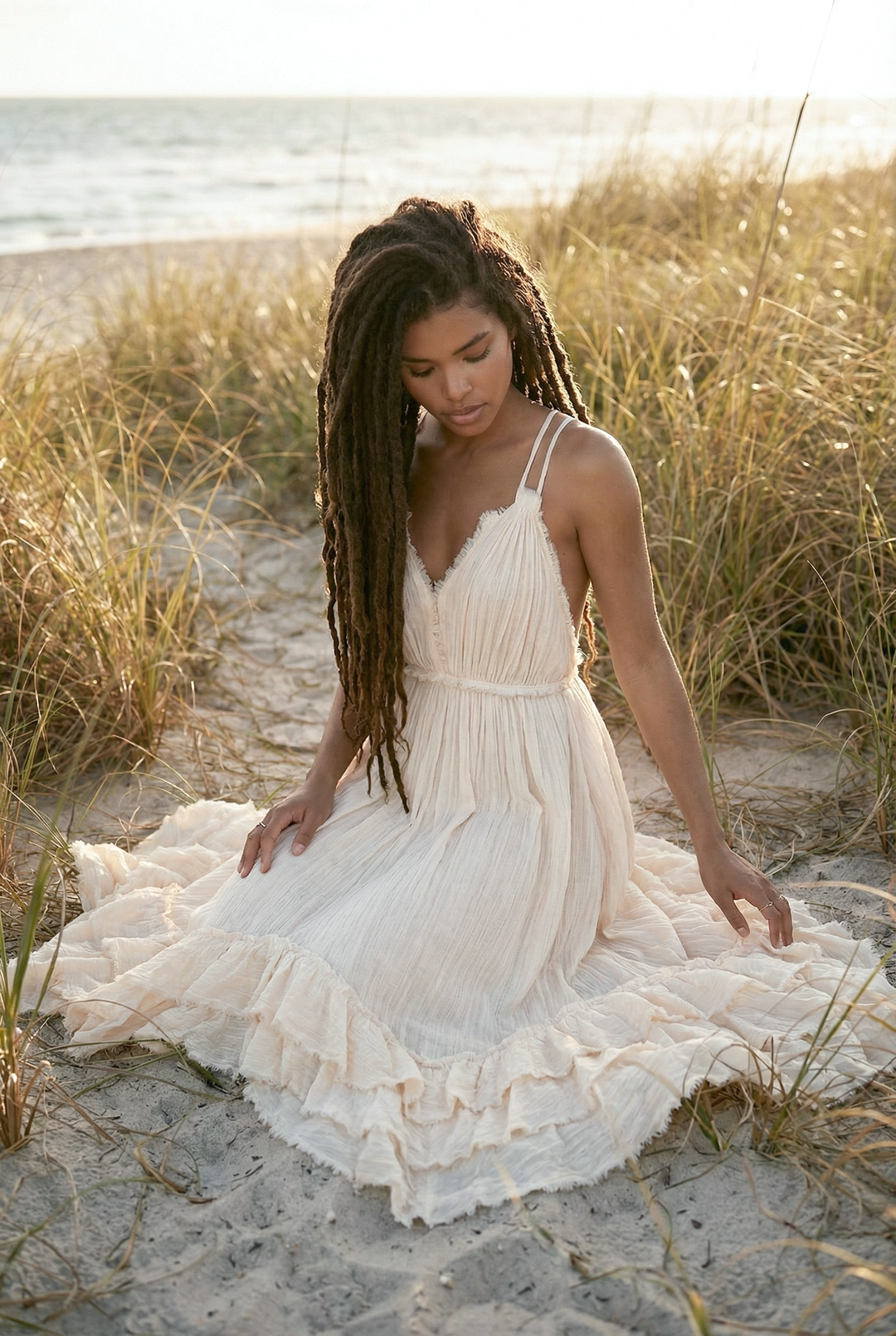 cotton on ruffle dress Cotton & linen semi-sheer ruffle trim long dress - Apricot