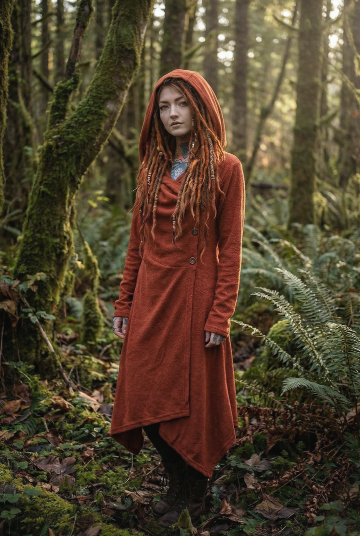 Person wearing a red hooded coat standing in a forest