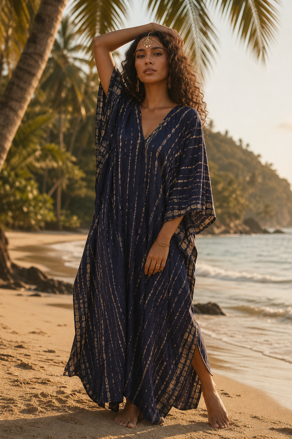 A woman stands on a sandy beach wearing a flowing navy blue kaftan-style cover-up with vertical metallic gold stripes. Palm trees, ocean, and hills are visible in the background.