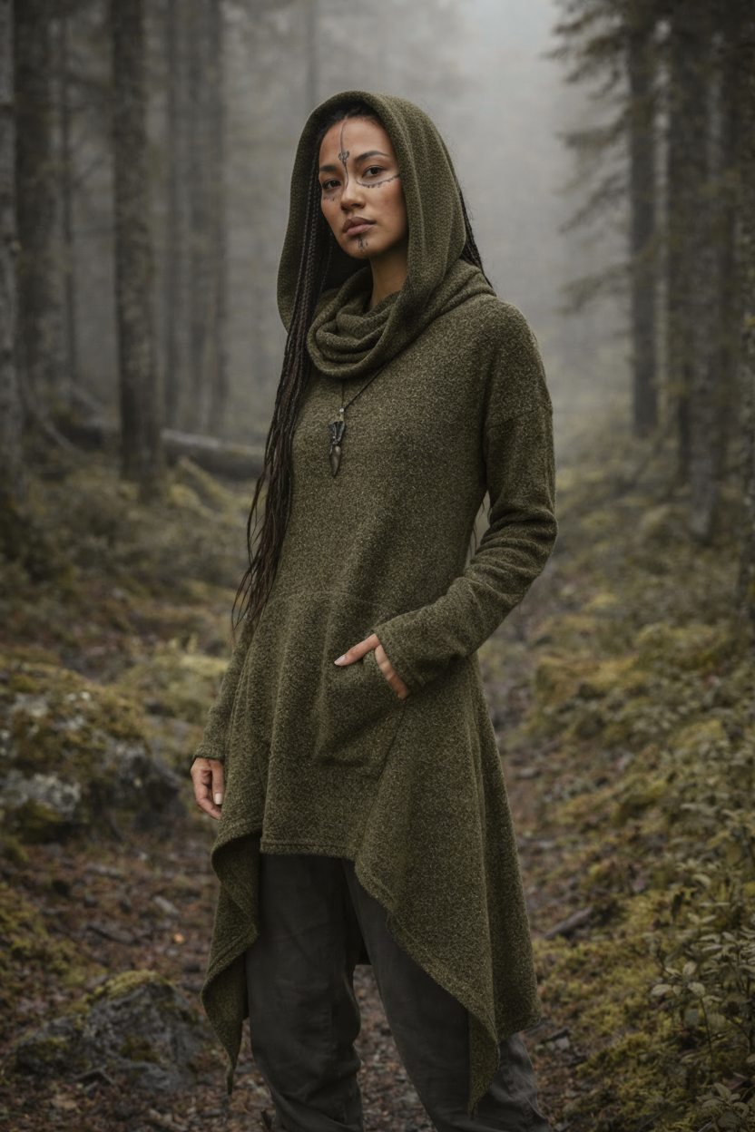 Person wearing a long green sweater in a forest setting