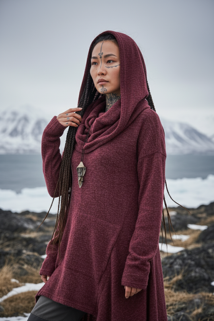 Long Hooded Sweater Coat Sheela Red