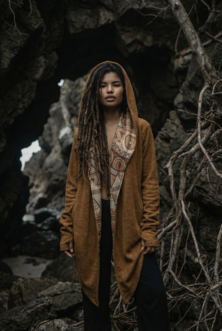 Nyx Hooded Sweater Cardigan Caramel Mandala