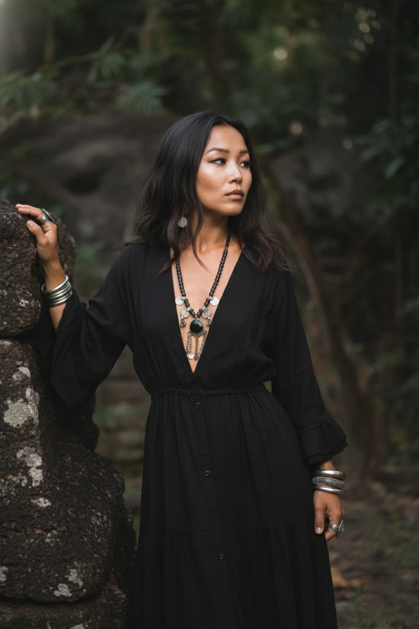 Woman in a black dress standing in a forest setting