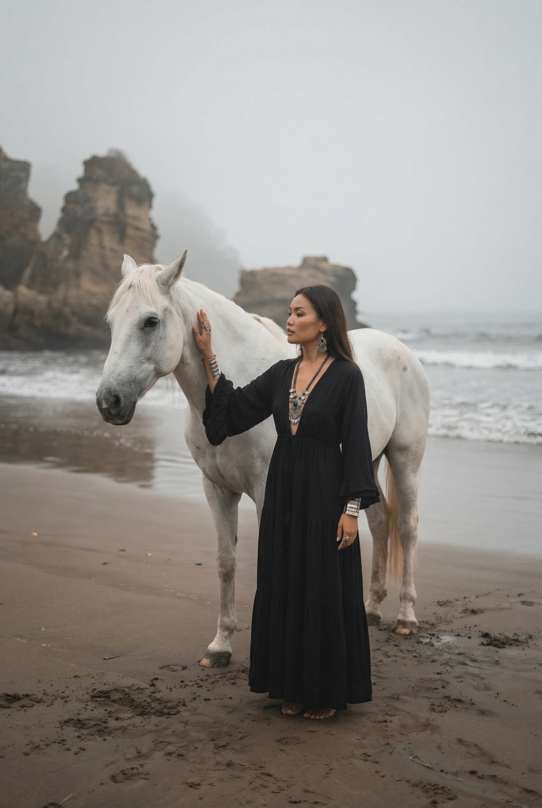 Woman in a black dress standing next to a white horse on a beach with foggy background