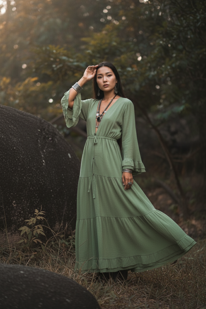 Woman in a long green dress standing in a natural setting with trees and foliage.