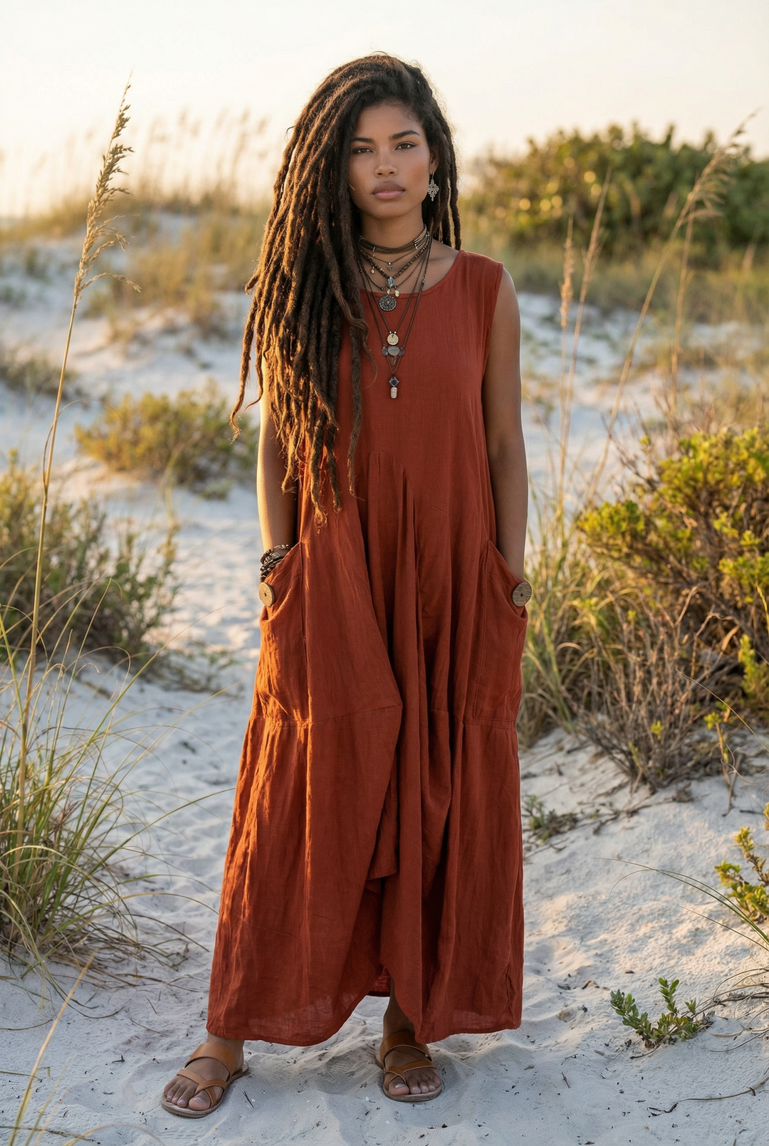 Woman in a rust-colored dress standing on a sandy beach with tall grasses.