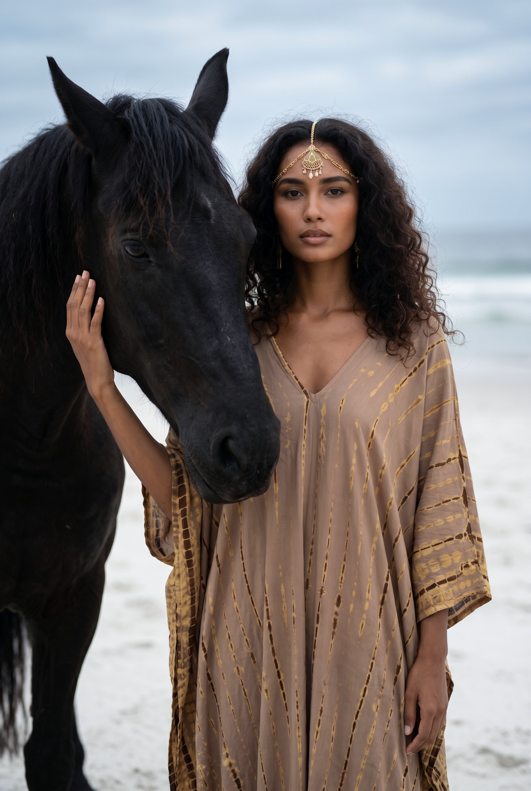 Woman in a flowing dress standing next to a black horse on a beach.