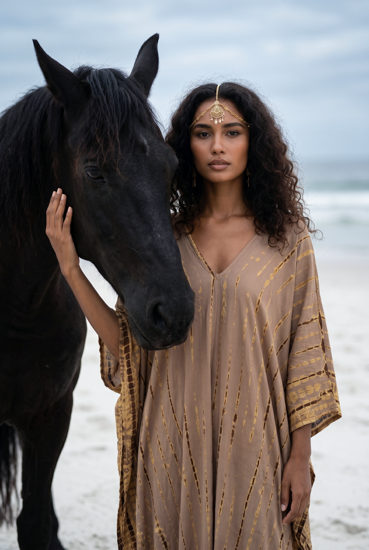 Woman in a flowing dress standing next to a black horse on a beach.