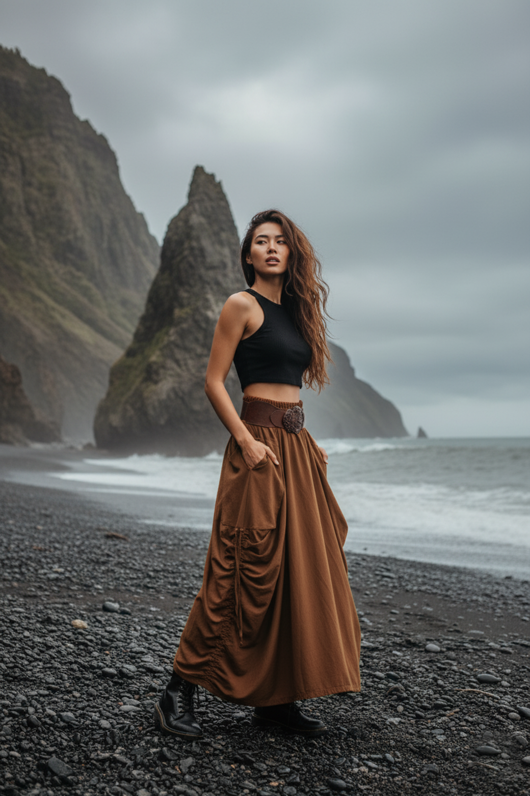 Woman in black top and brown skirt standing on a black sand beach with rocky cliffs and ocean in the background.