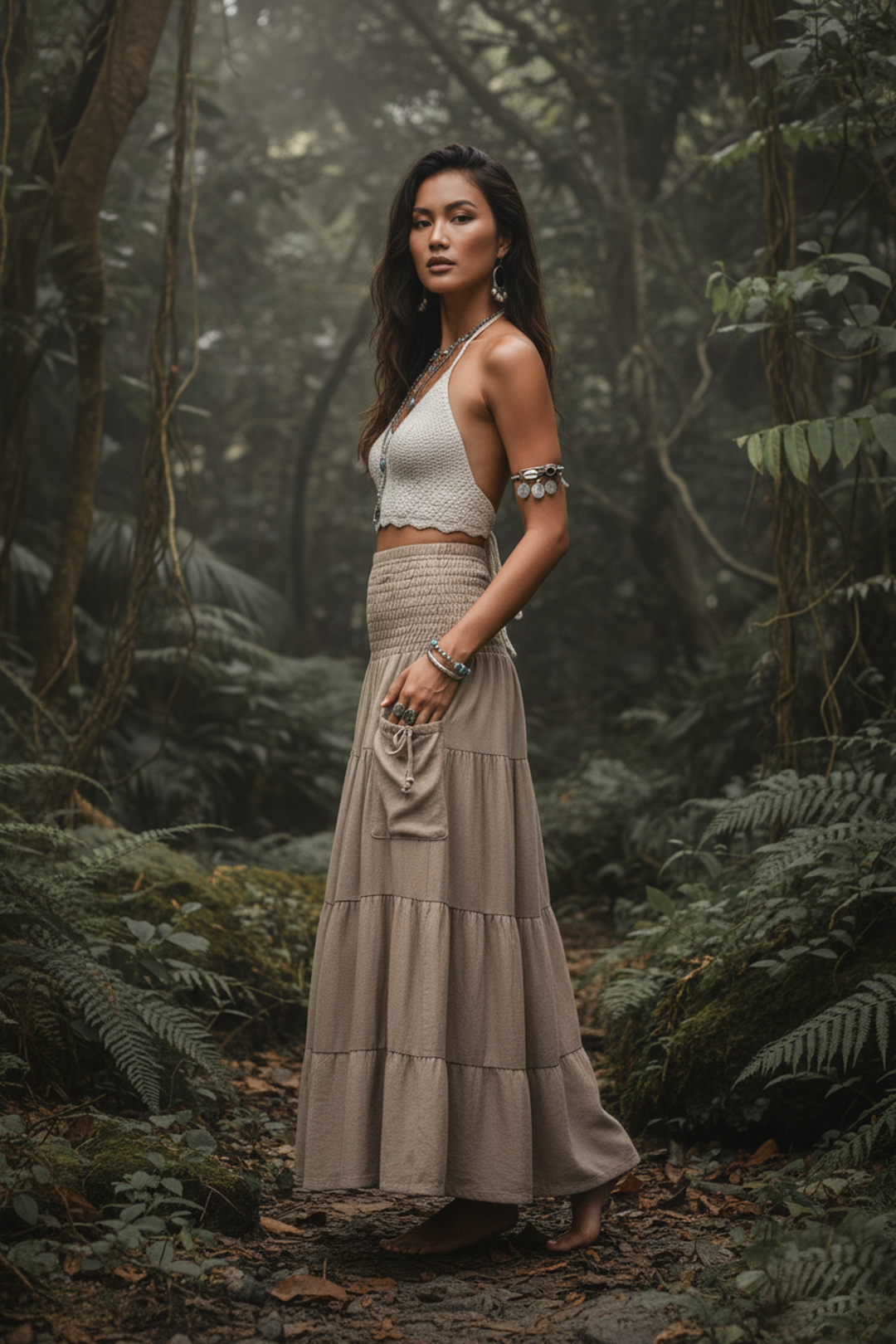Woman in a flowing dress standing in a misty forest