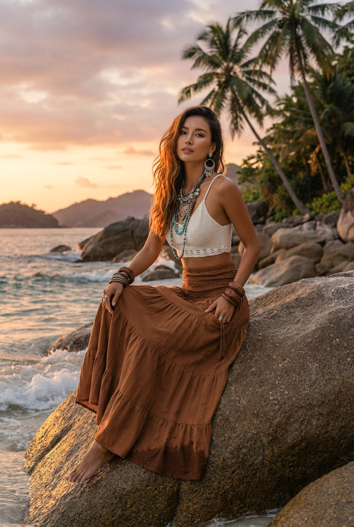 Woman sitting on a rock by the ocean with palm trees and sunset in the background