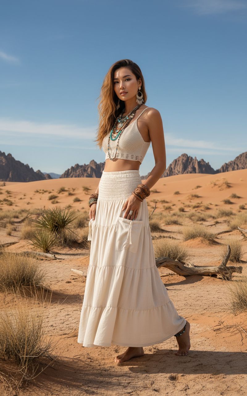 Woman in a white outfit standing in a desert landscape with mountains in the background
