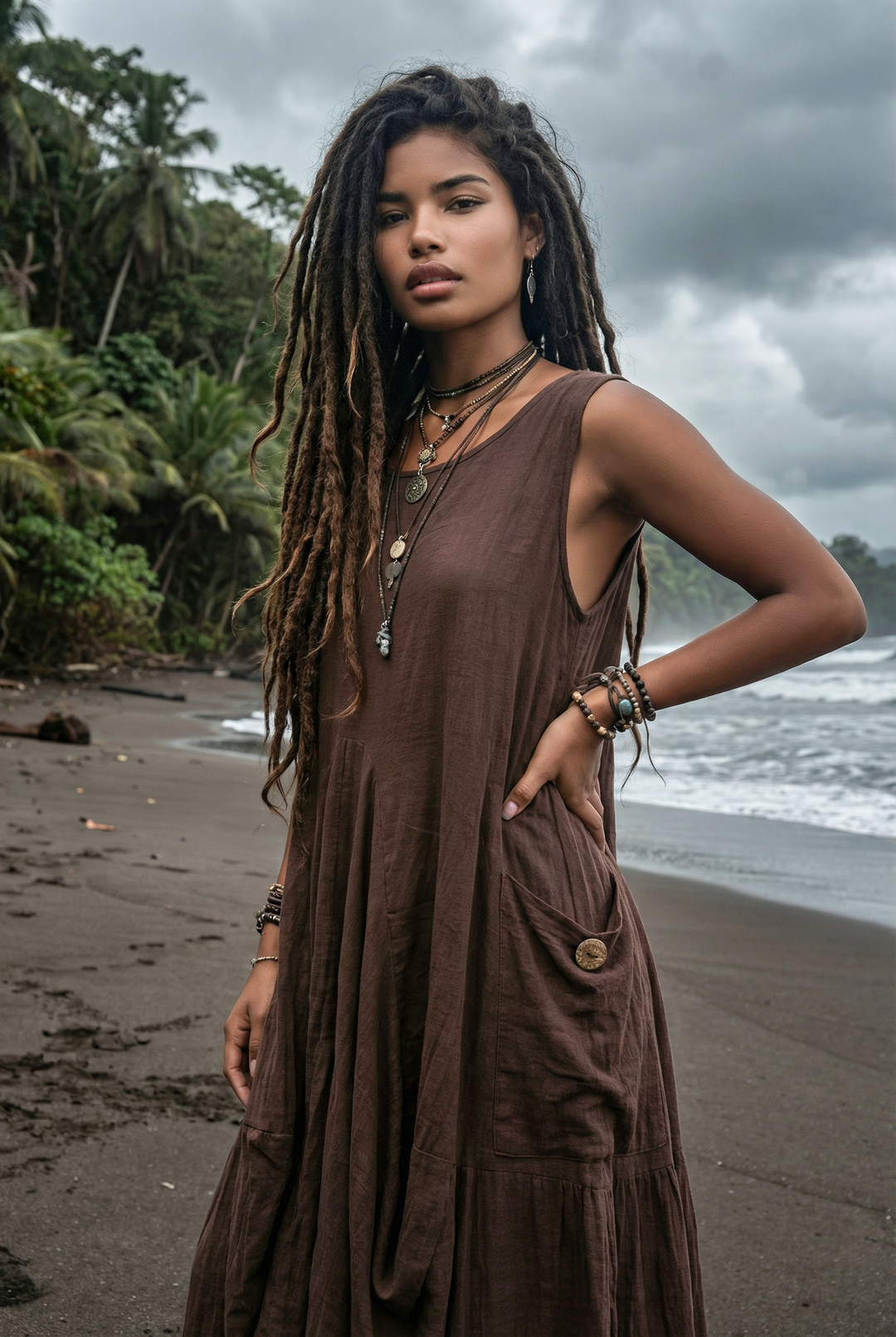 Woman in a brown dress standing on a beach with a forest in the background