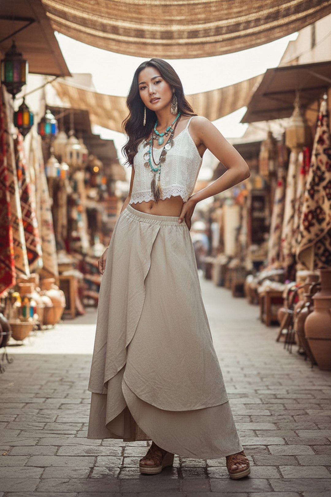 Woman in a white top and beige skirt standing in a market alleyway.