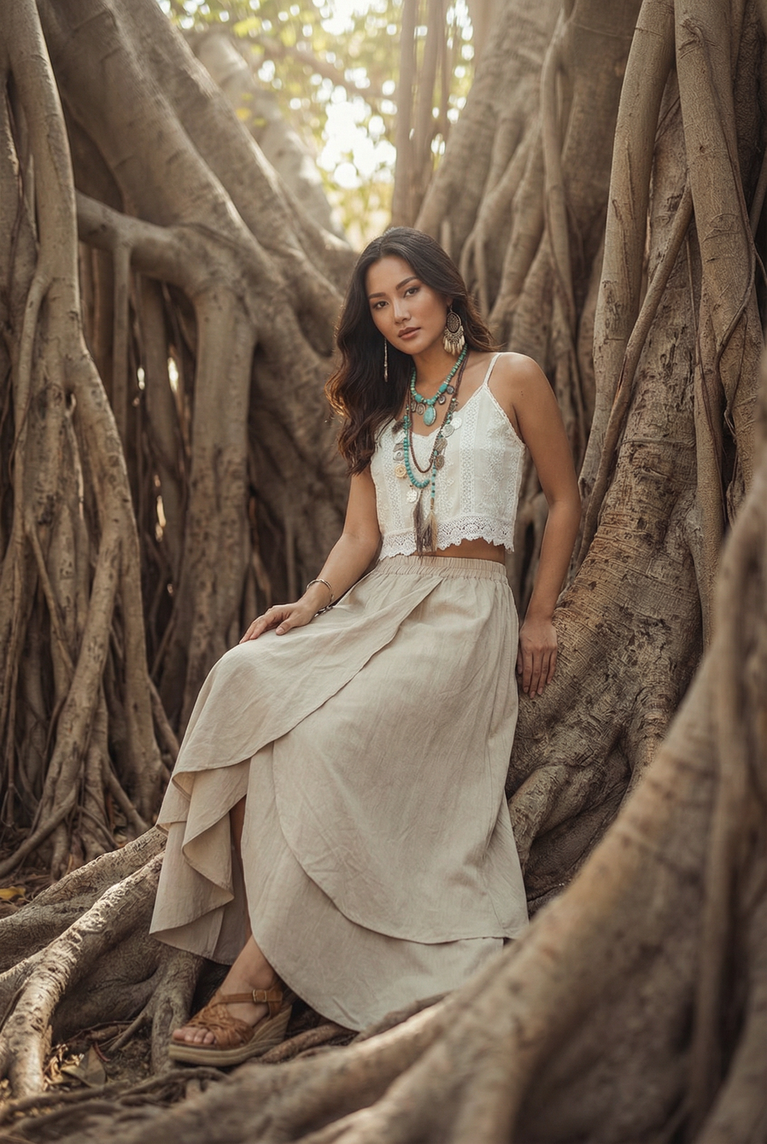 Woman in a white top and beige skirt sitting among large tree roots