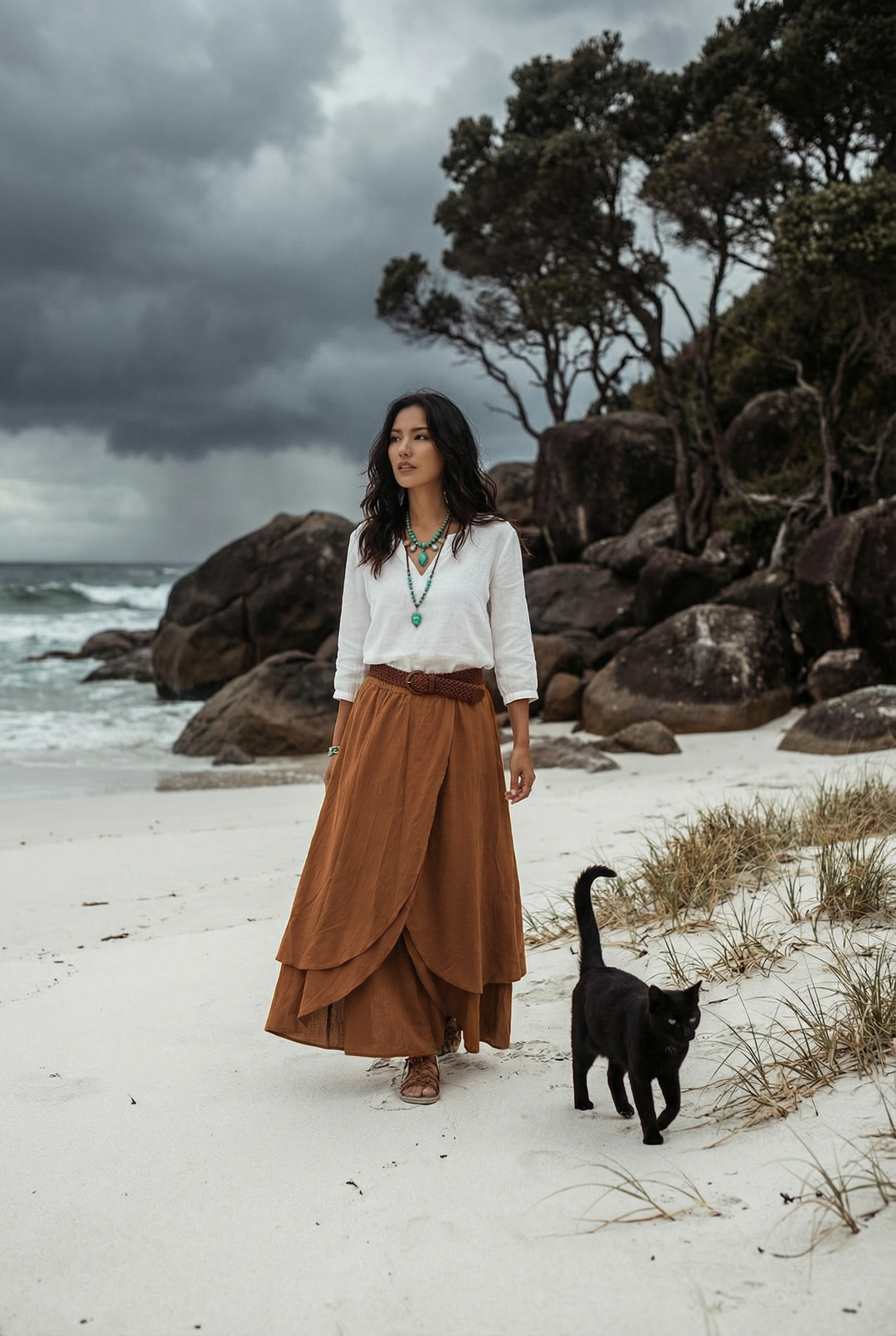 Woman in a white blouse and brown skirt walking a black cat on a beach with rocky outcrops and overcast sky.