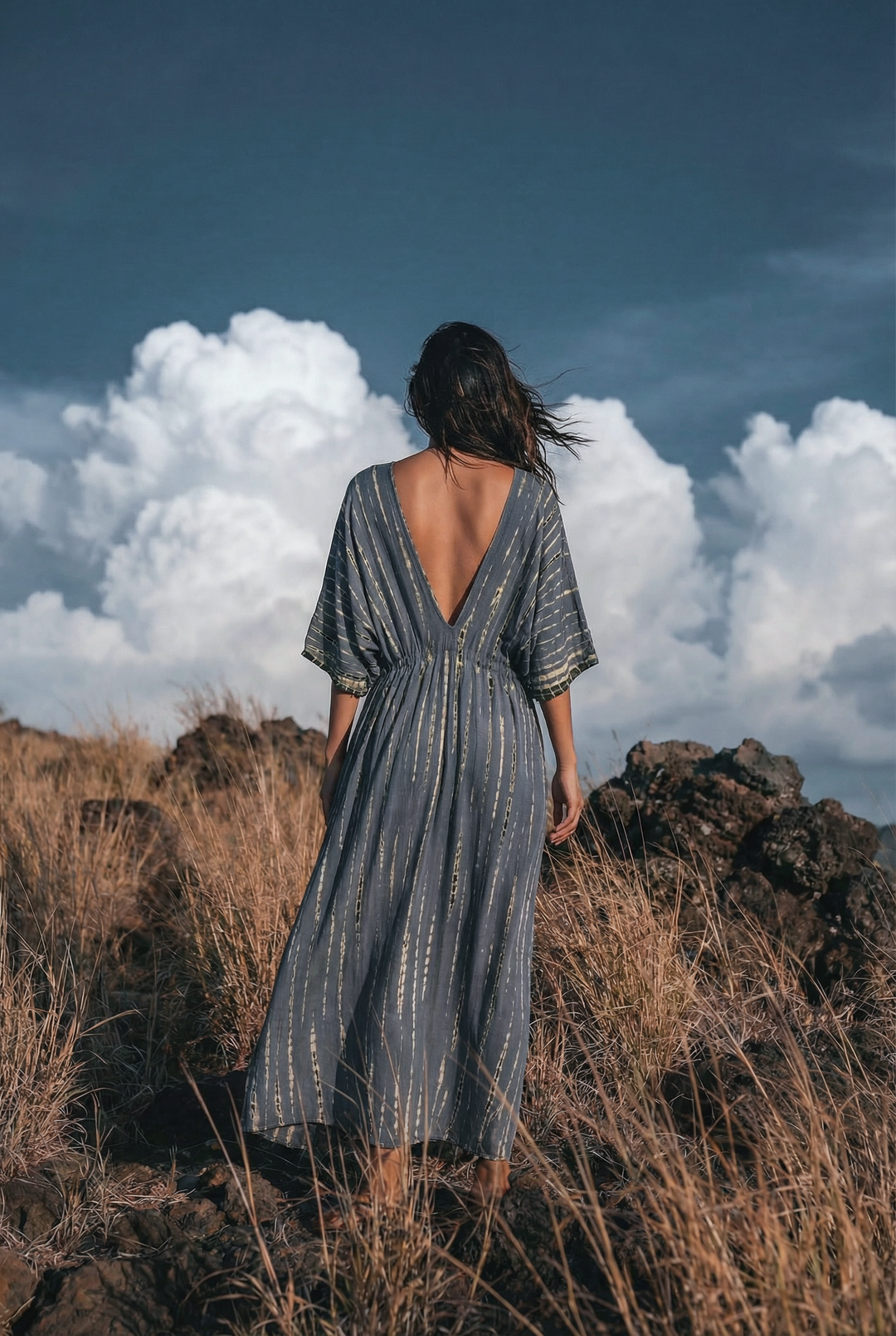 Sexy Open Back Tie Dye Dress Nola | Bali Style Boho Womens Dress | Elegant & Comfortable Summer Dress in Dark Grey