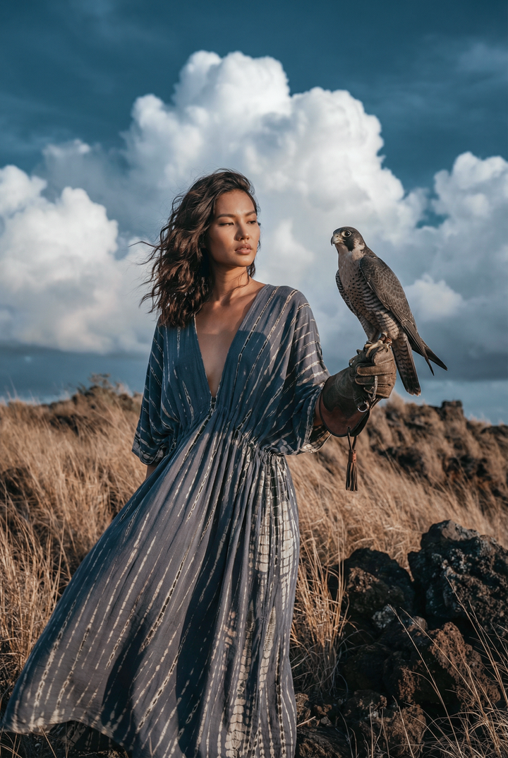Woman in a long dress holding a falcon against a scenic background with clouds and mountains.