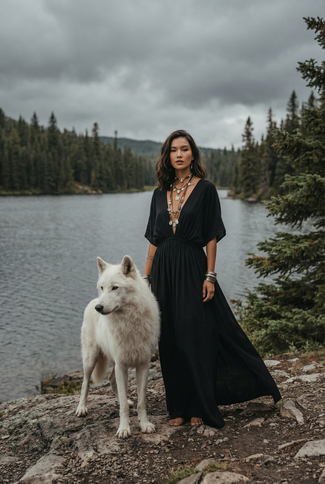 Woman in a black dress standing next to a white wolf by a lake with a forest in the background