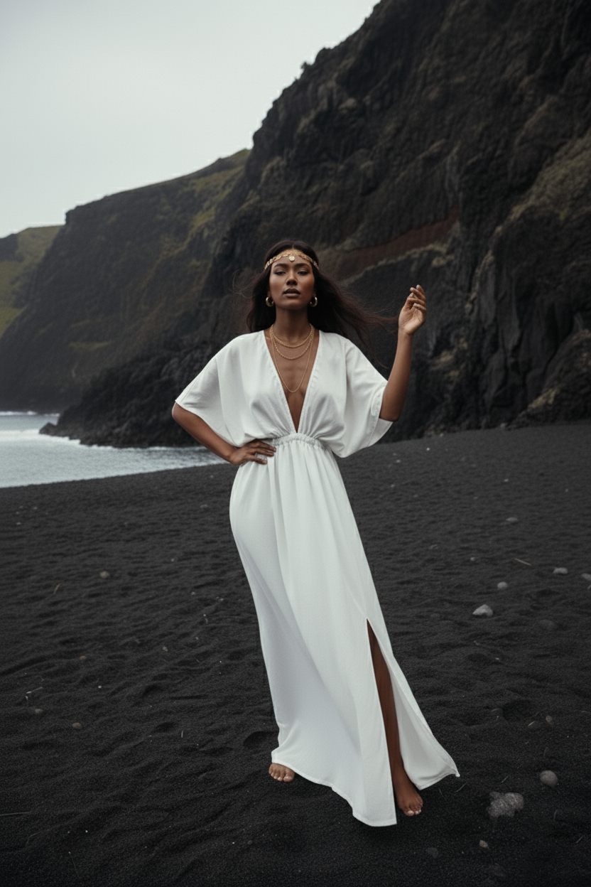 Woman in a white dress standing on a black sand beach with cliffs in the background