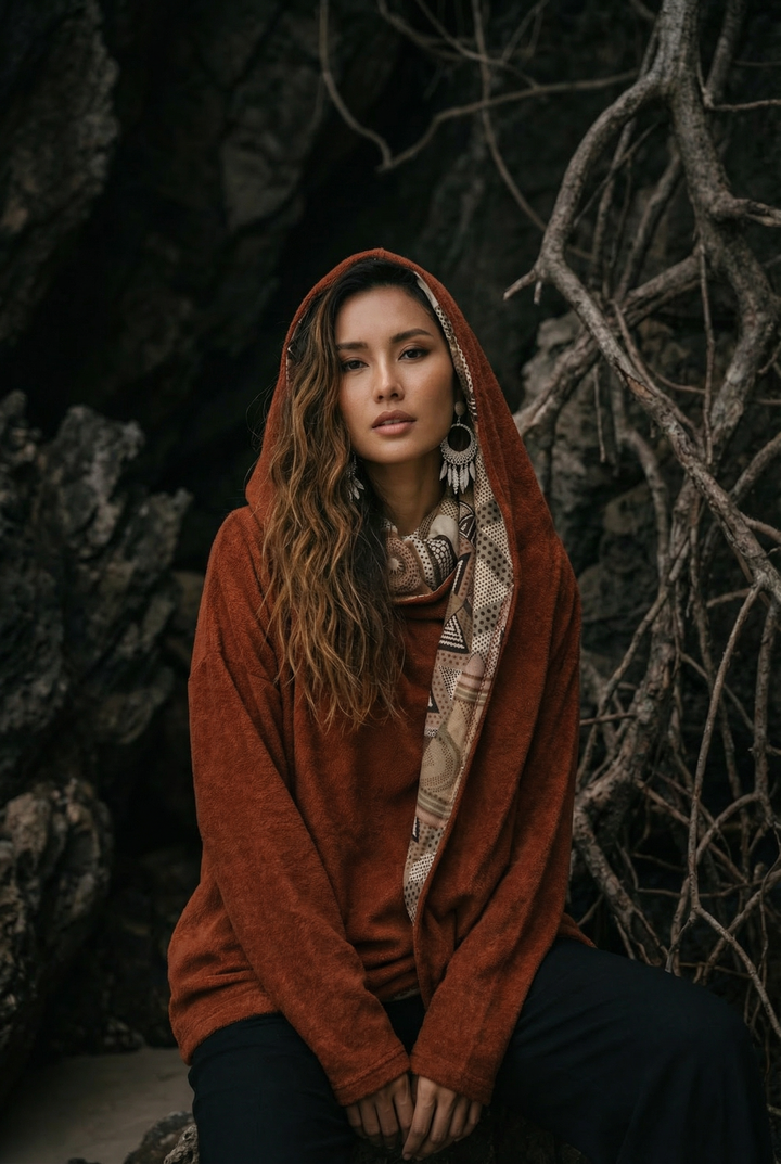 Nyx Hooded Sweater Cardigan Brick Mandala