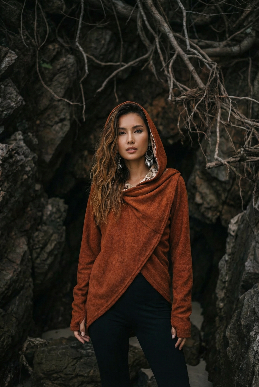 Nyx Hooded Sweater Cardigan Brick Mandala
