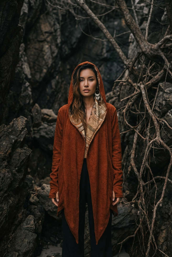 Nyx Hooded Sweater Cardigan Brick Mandala