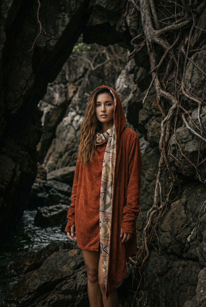 Nyx Hooded Sweater Cardigan Brick Mandala