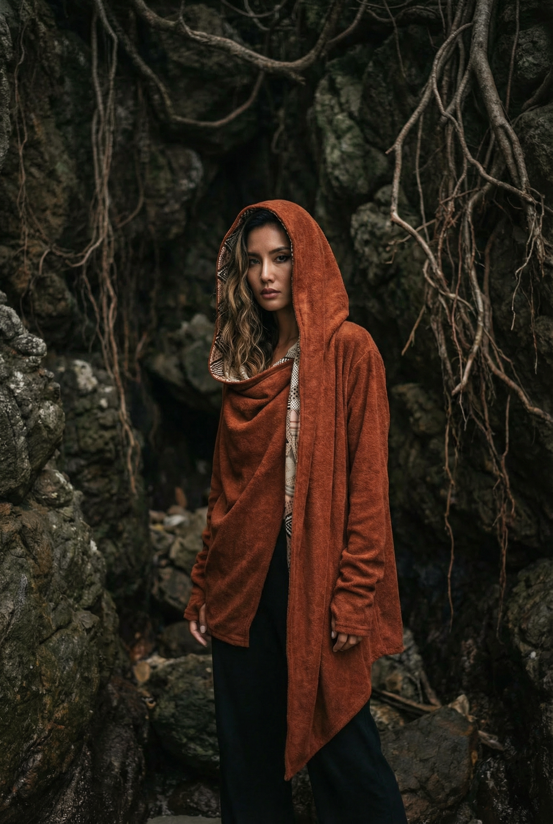 Nyx Hooded Sweater Cardigan Brick Mandala