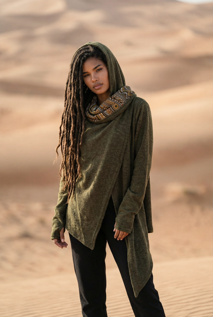 Nyx Hooded Sweater Cardigan Olive Mandala
