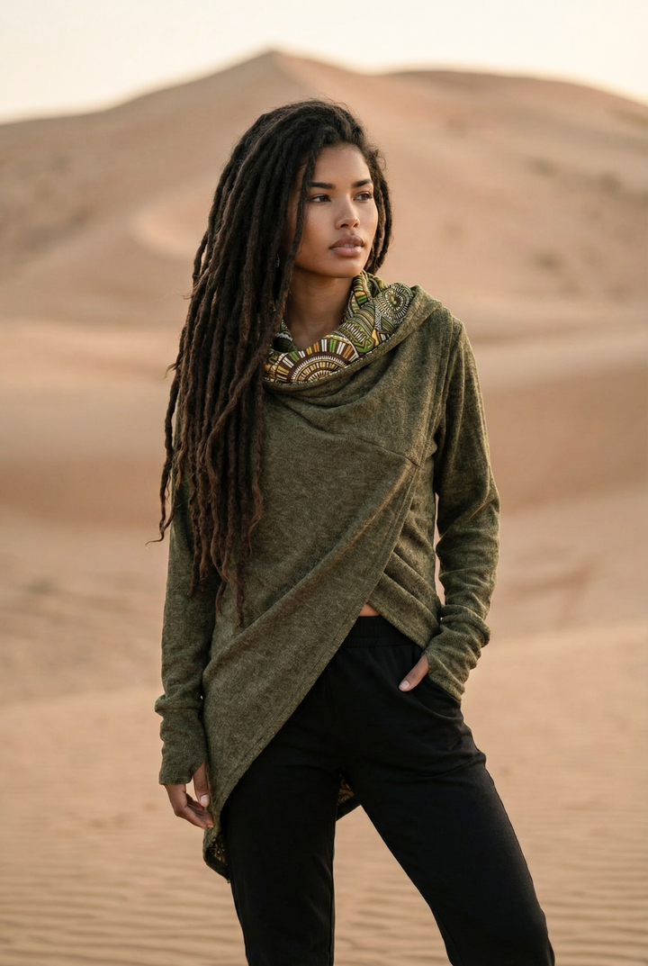 Nyx Hooded Sweater Cardigan Olive Mandala