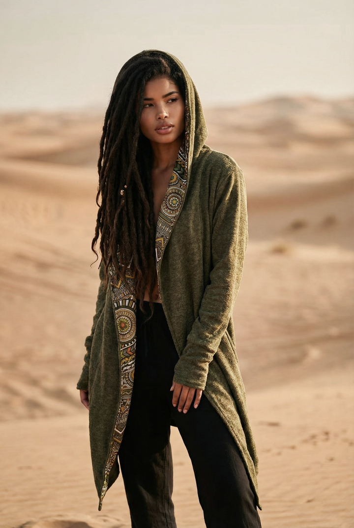 Nyx Hooded Sweater Cardigan Olive Mandala
