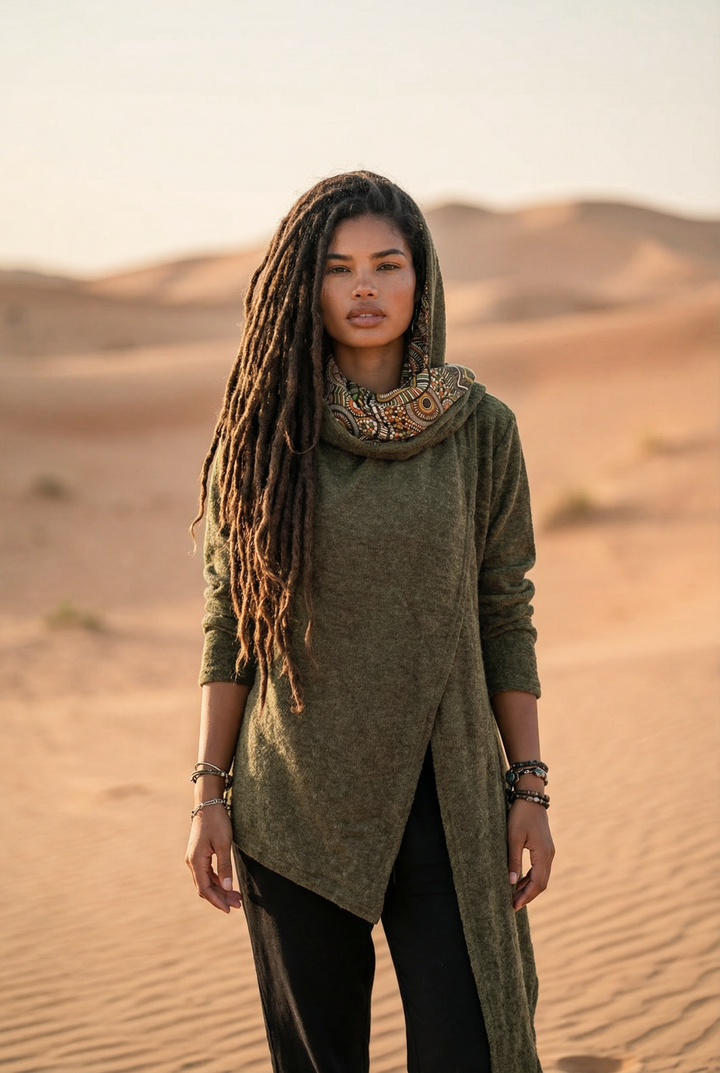 Nyx Hooded Sweater Cardigan Olive Mandala