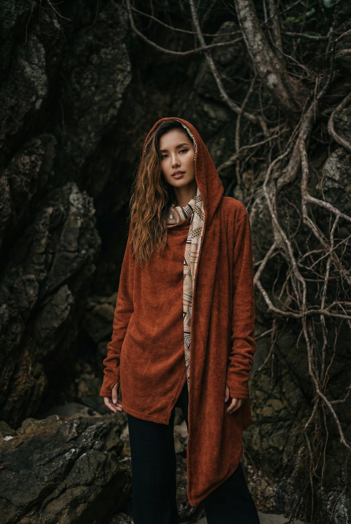 Woman wearing a long rust-colored coat standing against a dark, natural background.