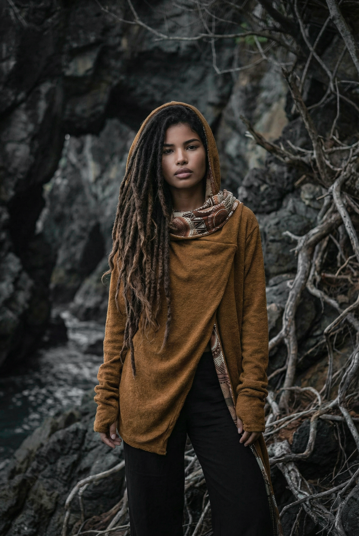 Woman wearing a brown hooded garment in a natural setting with rocks and branches.