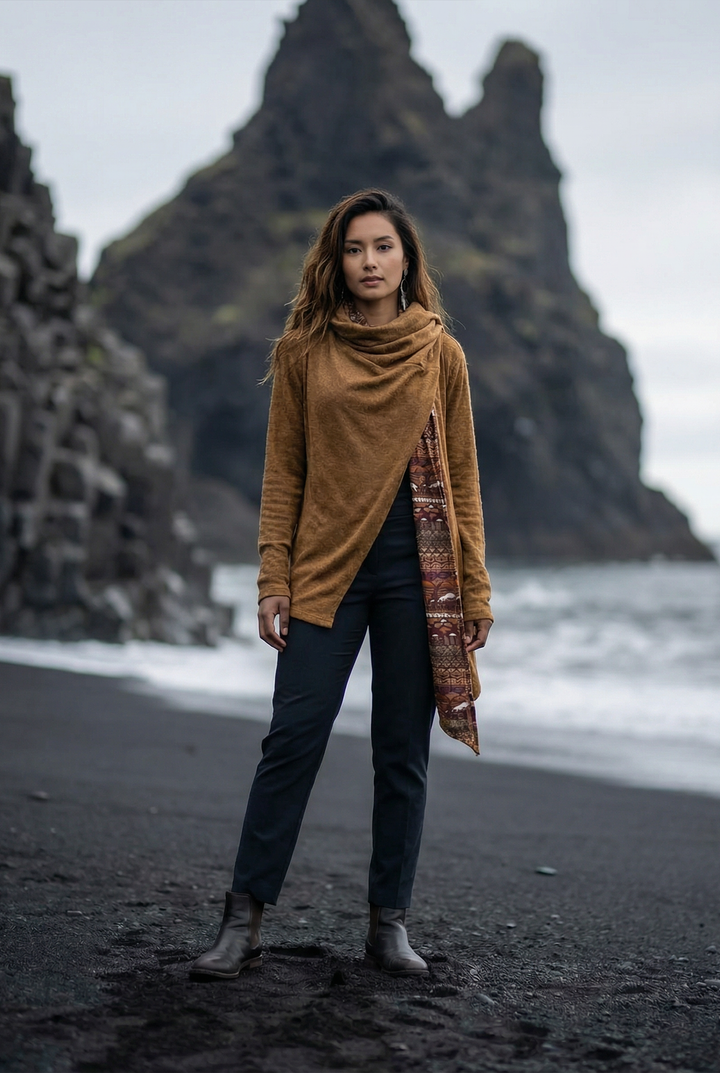 Woman standing on a black sand beach with rocky formations and ocean in the background