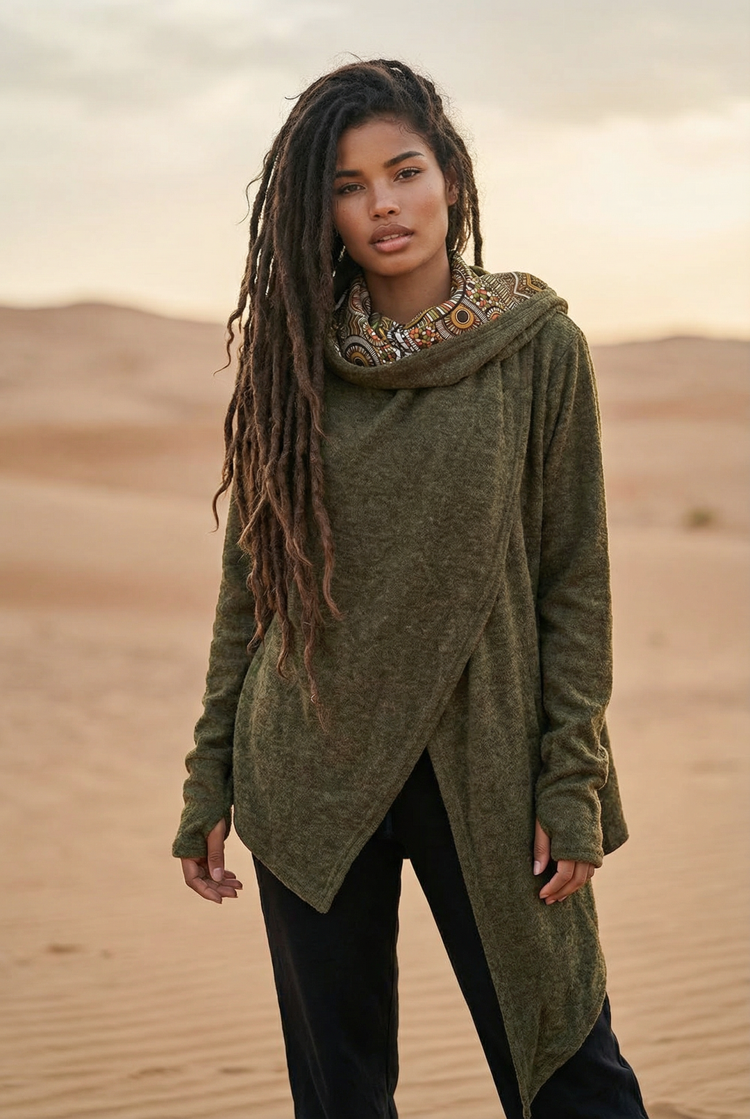 Woman wearing a green hooded garment in a desert setting