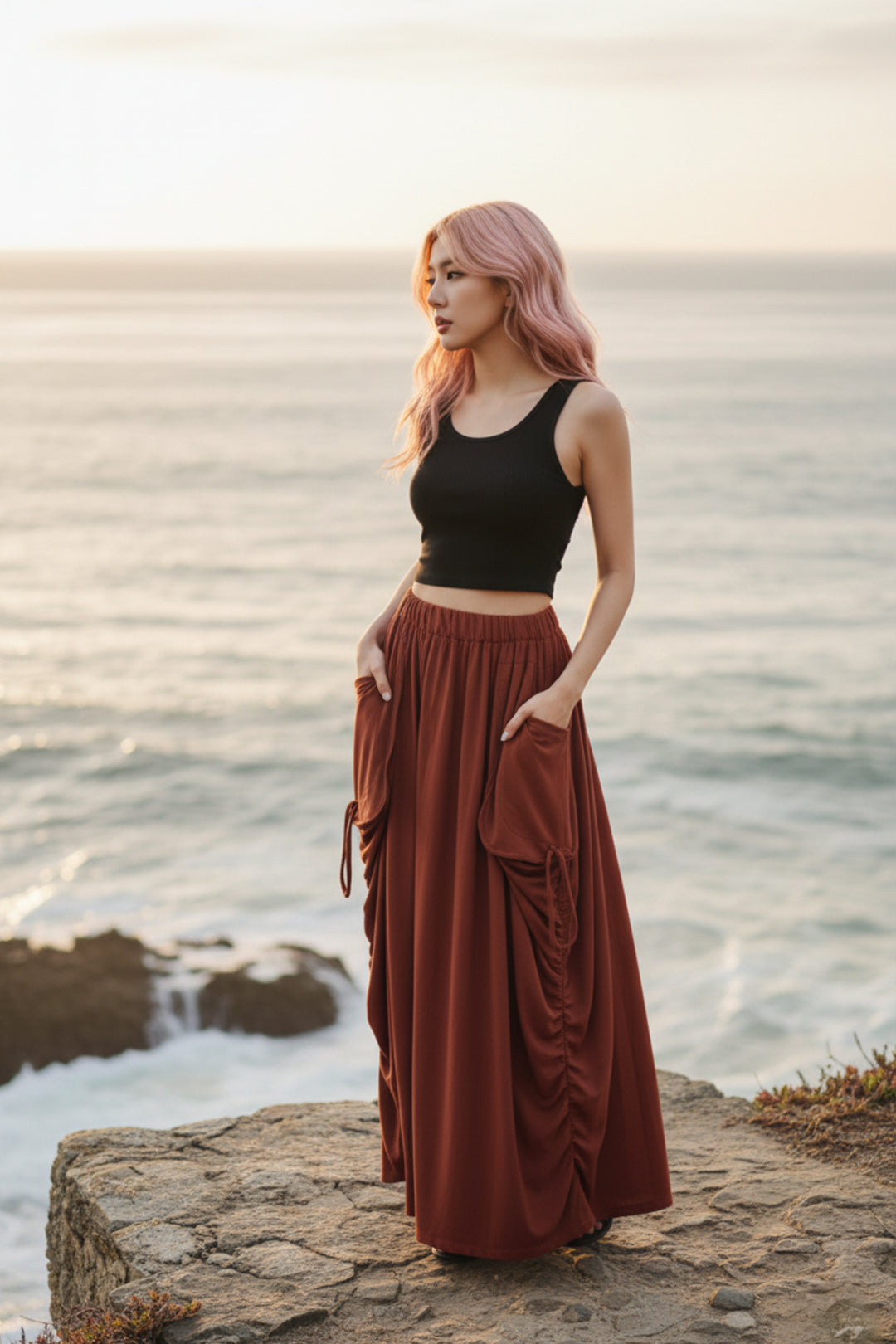 2-in-1 Maxi Skirt Palazzo Pants Rust