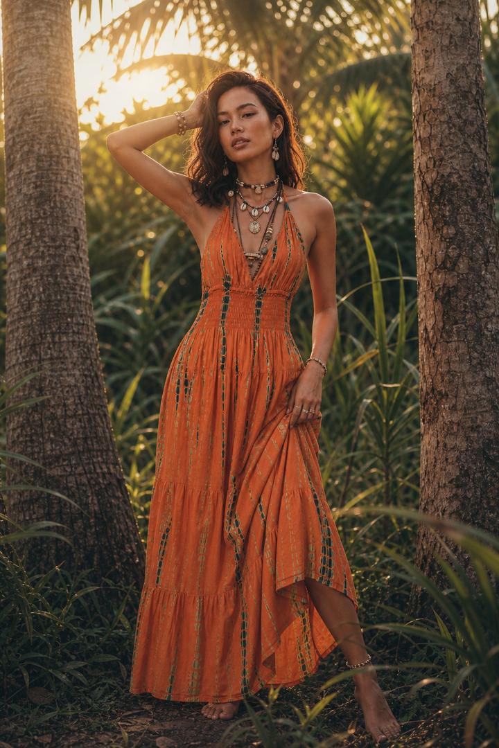 A woman stands outdoors among palm trees and tropical plants, wearing a sleeveless orange maxi dress with dark vertical stripe details and layered statement necklaces.