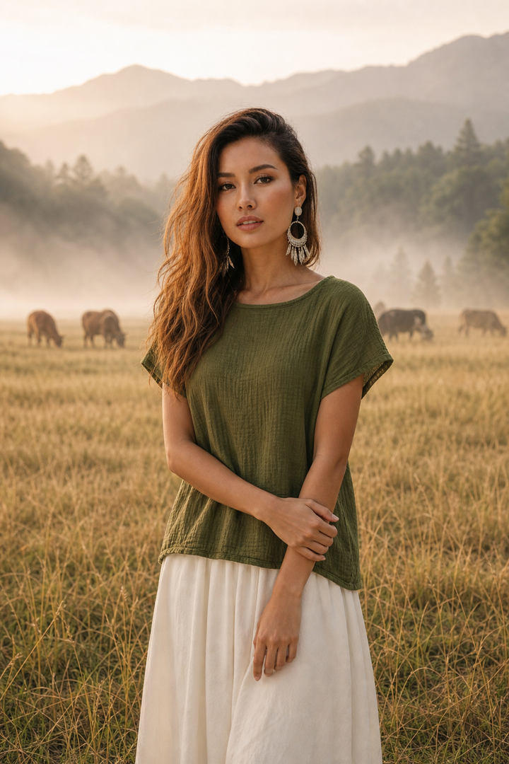 Zaira Gauze Cotton Top Olive