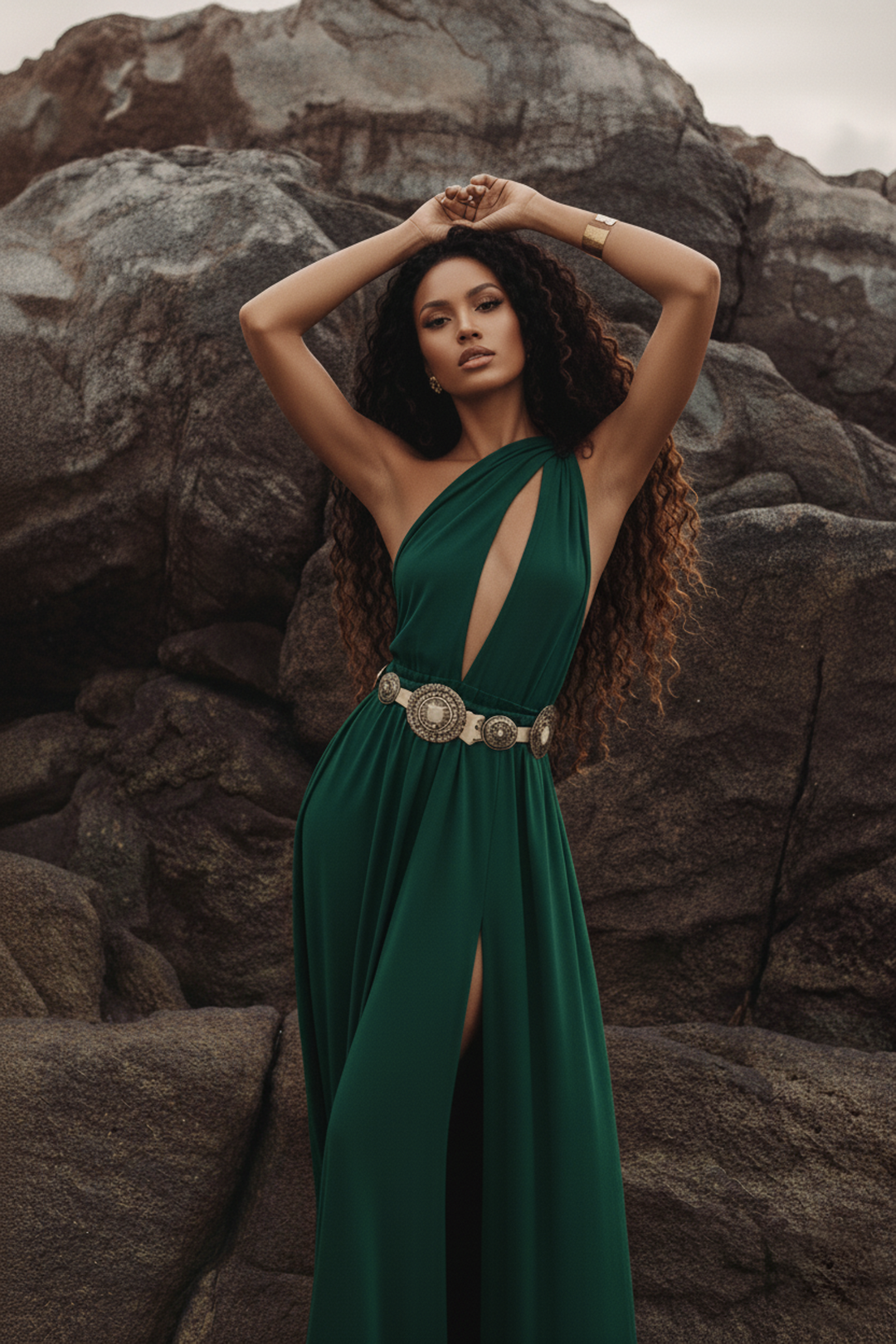 Woman in a green dress with a high slit standing against large rocks.