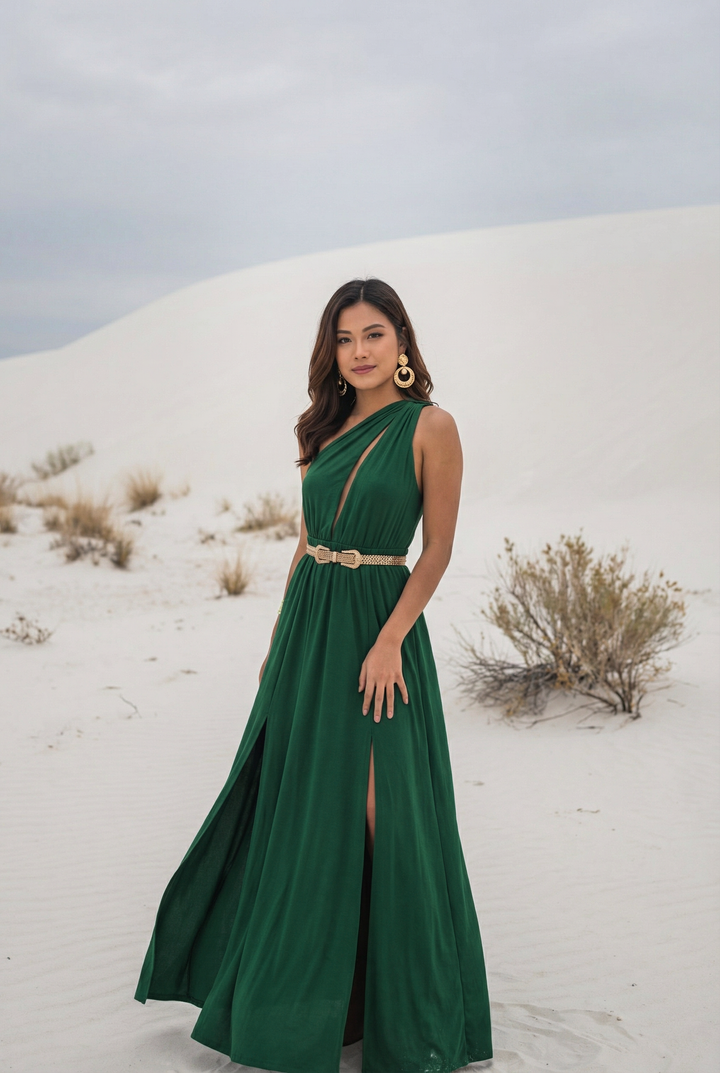 Woman in a green dress standing in a desert landscape
