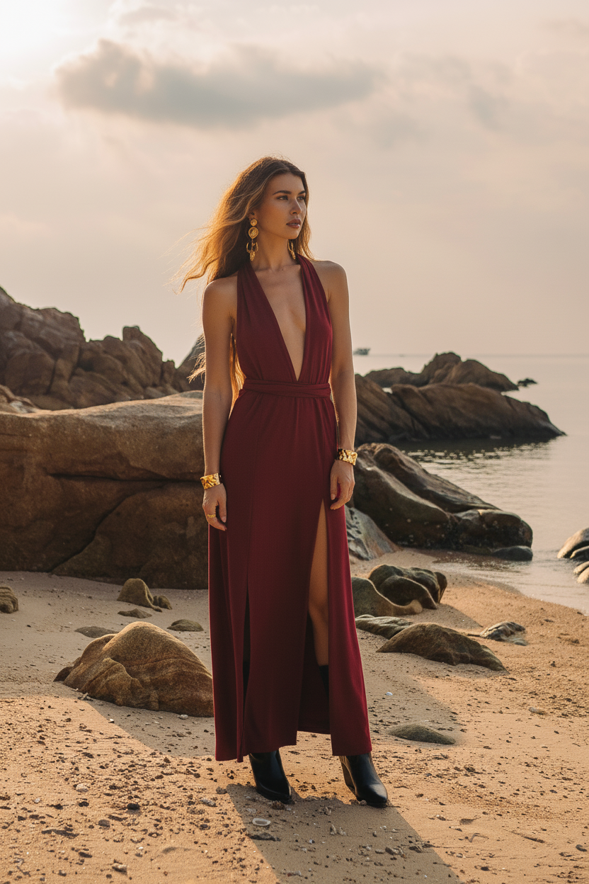 Woman in a burgundy dress standing on a rocky beach with a cloudy sky.