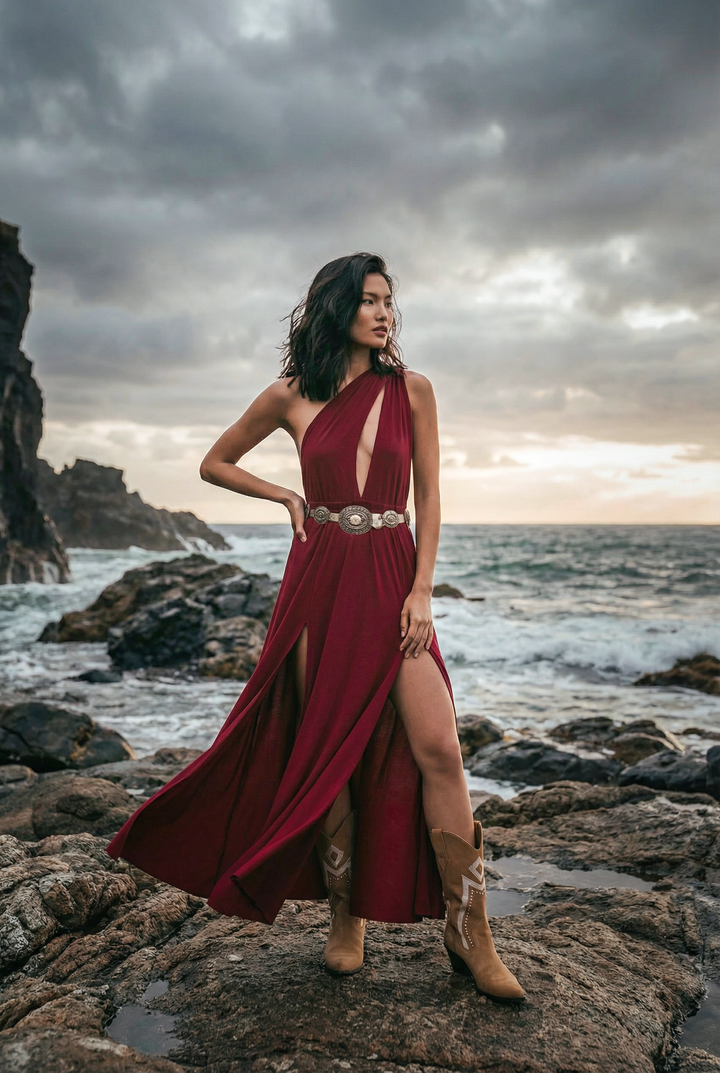 Woman in a red dress standing on rocky coastal terrain with dramatic sky.