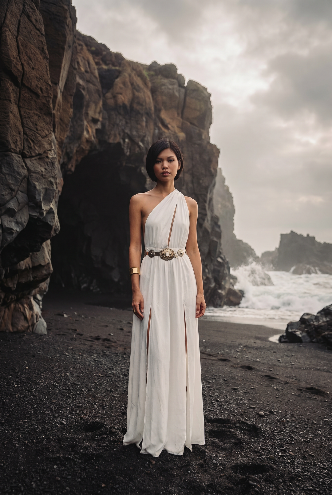 Woman in a white dress standing on a black sand beach with rocky cliffs and ocean waves in the background.
