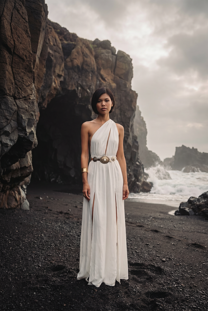 Woman in a white dress standing on a black sand beach with rocky cliffs and ocean waves in the background.