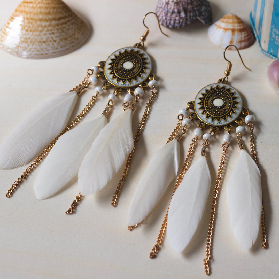 Bohemian Feather Earrings, Boho Style In White
