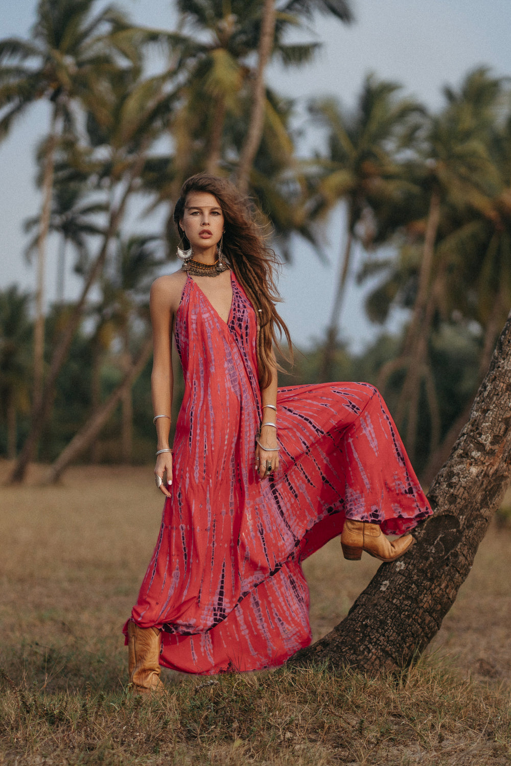 Boho Maxi Tie Dye Dress for Women / Open Back Bohemian Summer Resort Outfit in Red Boho Maxi Tie Dye Dress for Women / Open Back Bohemian Summer Resort Outfit in Red