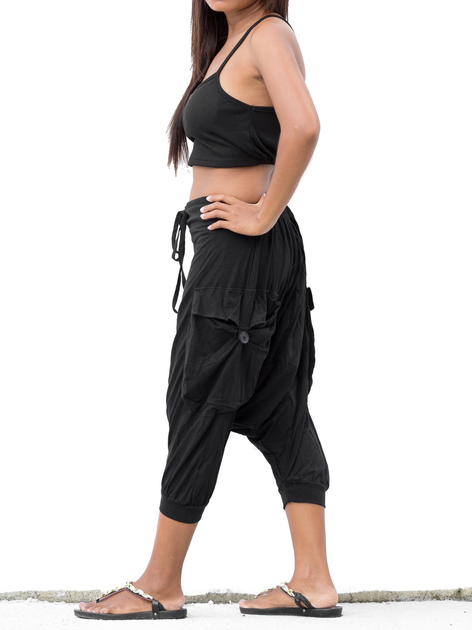 Button Closure Hem Black Harem Pants | Wholesale Boho Clothing