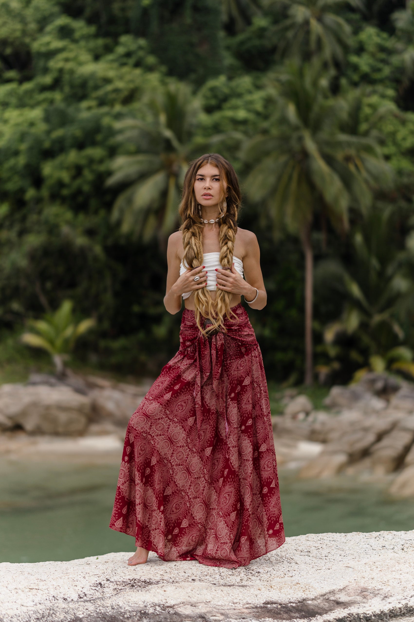 Long red maxi skirt outfit top